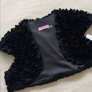 Eliza J Chiffon Rosette Black Satin Bridal Bolero Shrug Jacket Large NWT $139